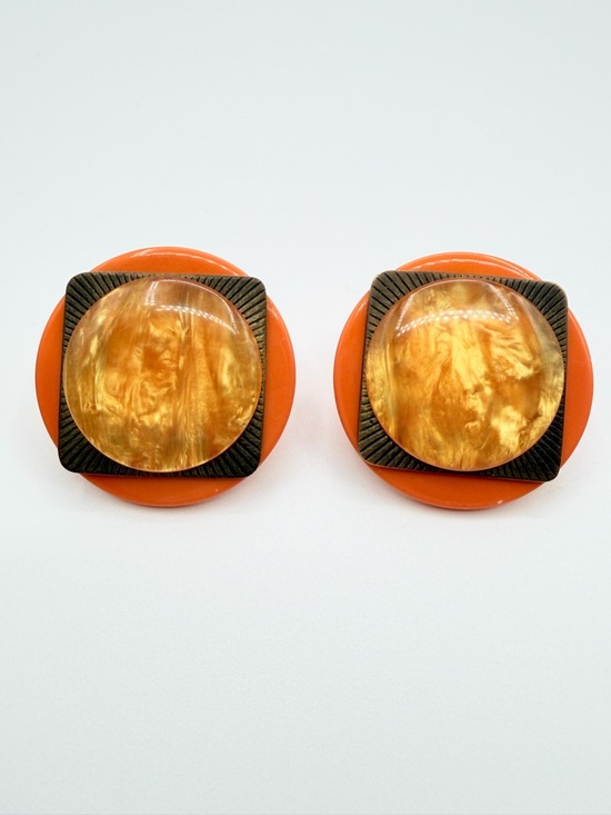 Vintage Jewelry - Vintage Orange & Amber Lucite Statement Clip-On Earrings